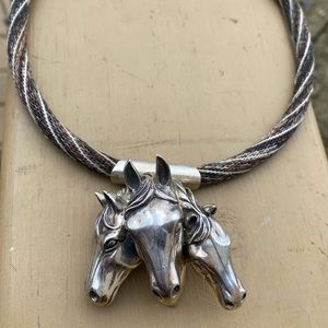 Amazing 3-Horse Heads Sterling Silver Earth Tone Necklace/Pendant